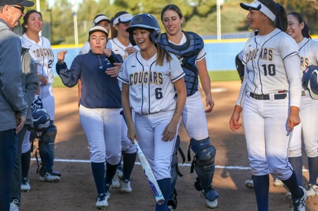 College of the Canyons sophomore Kayla Yamana drove a ball to deep left field in the bottom of the eighth inning to give Canyons the 4-3 extra innings victory over Bakersfield College on Thursday at Whitten Field. —Jesse Muñoz/COC Sports Information Director