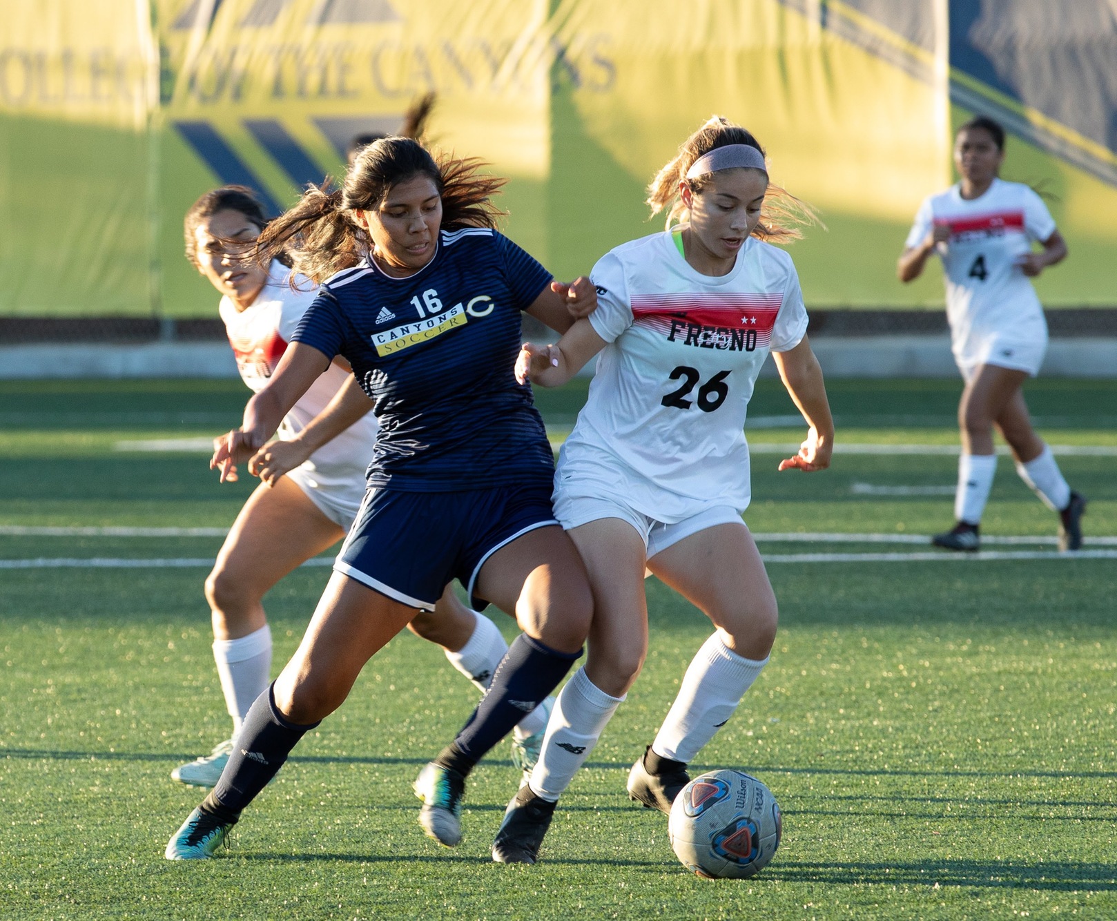 College of the Canyons sophomore midfielder Crystal Sanchez goes for the ball during the first half of the Cougars' match vs. No. 4 state ranked Fresno City College. Jacob Velarde/COC Sports Information.