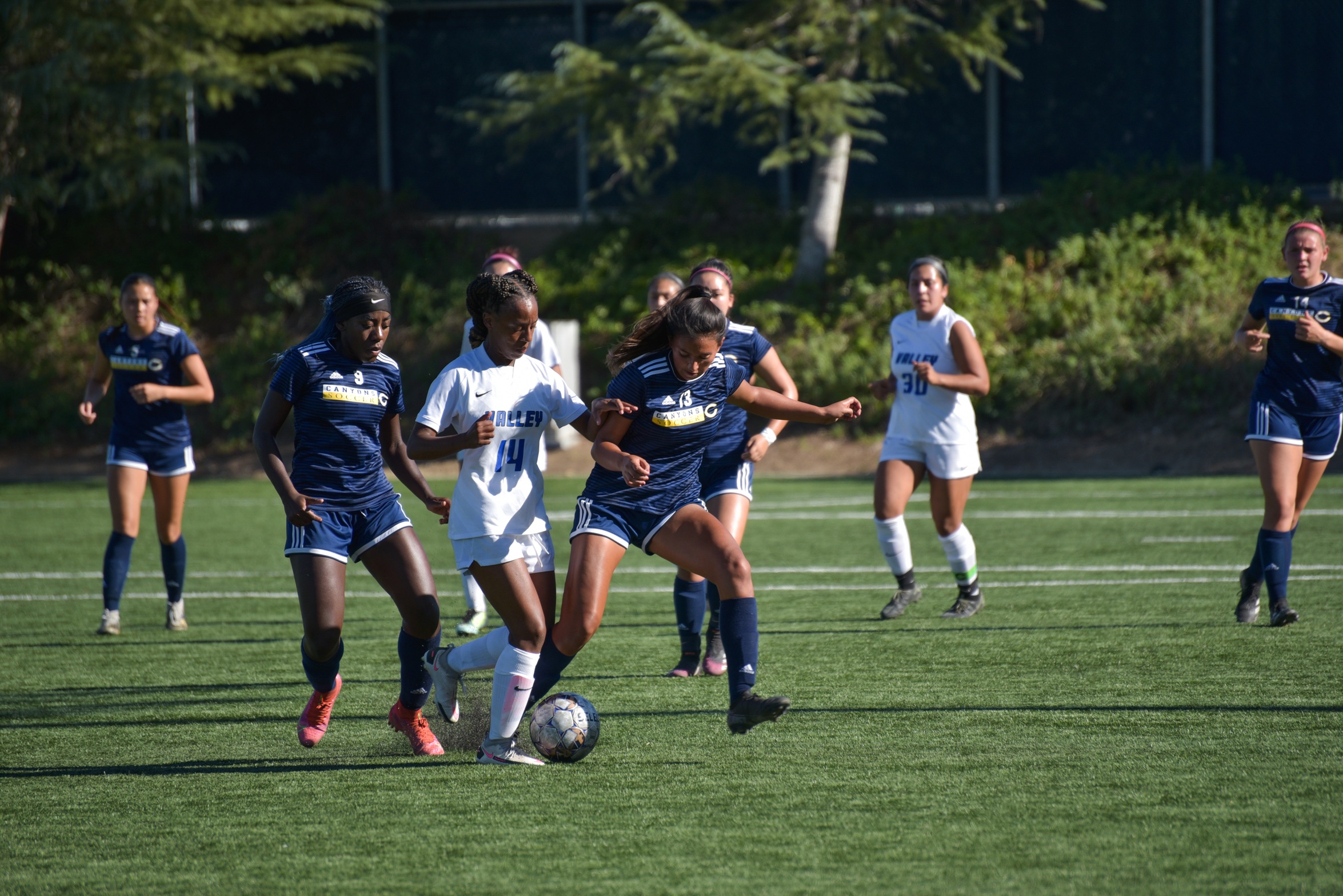 College of the Canyons fell to visiting San Bernardino Valley College by a 2-1 final score on Tuesday, with the lone goal coming off the foot of freshman Rebekah Brooks (9). —Mari Kneisel/COC Sports Information
