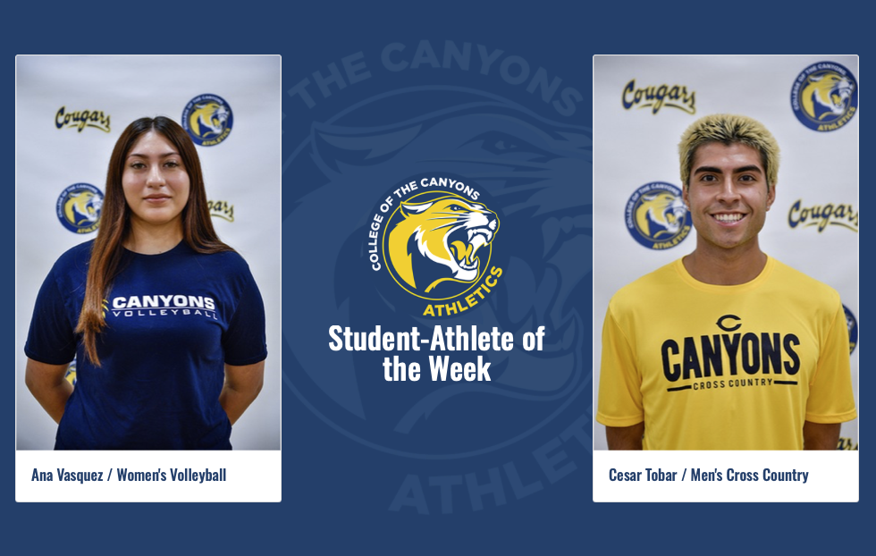 Promotional graphic featuring Student-Athlete of the Week selections Ana Vasquez and Cesar Tobar.