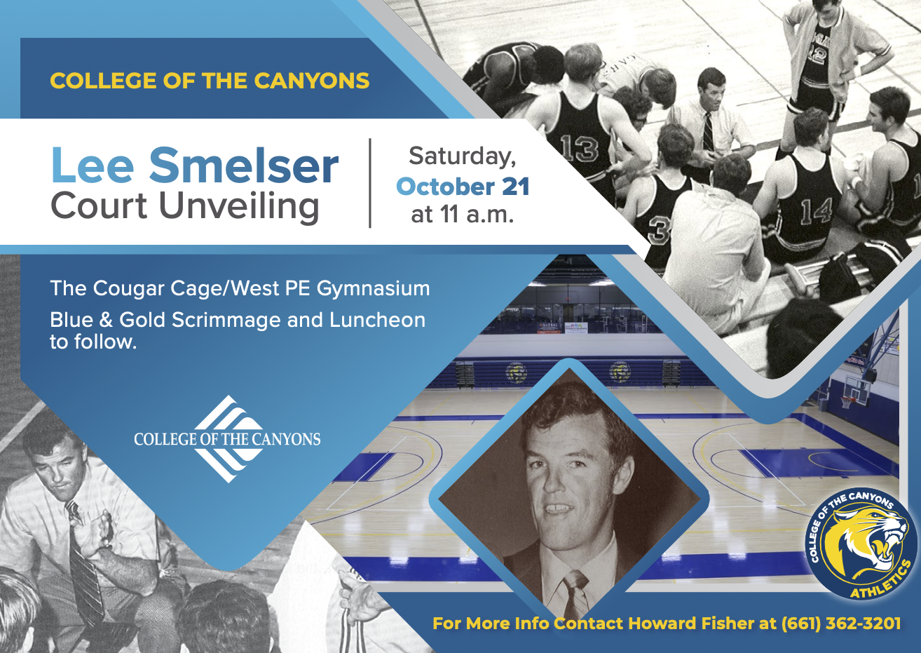Promotional graphic for Lee Smelser Court Unveiling ceremony on Saturday, Oct. 21, 2023 featuring various pictures of head coach Lee Smelser.