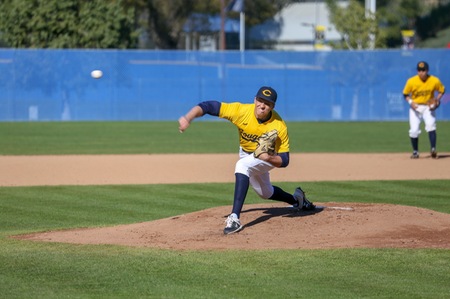 College of the Canyons starting pitcher Chase Farrell pitched the Cougars to their first victory of the 2019 campaign, a 6-2 victory over visiting Allan Hancock College on Thursday at Cougar Field. — Jesse Muñoz/COC Sports Information Director