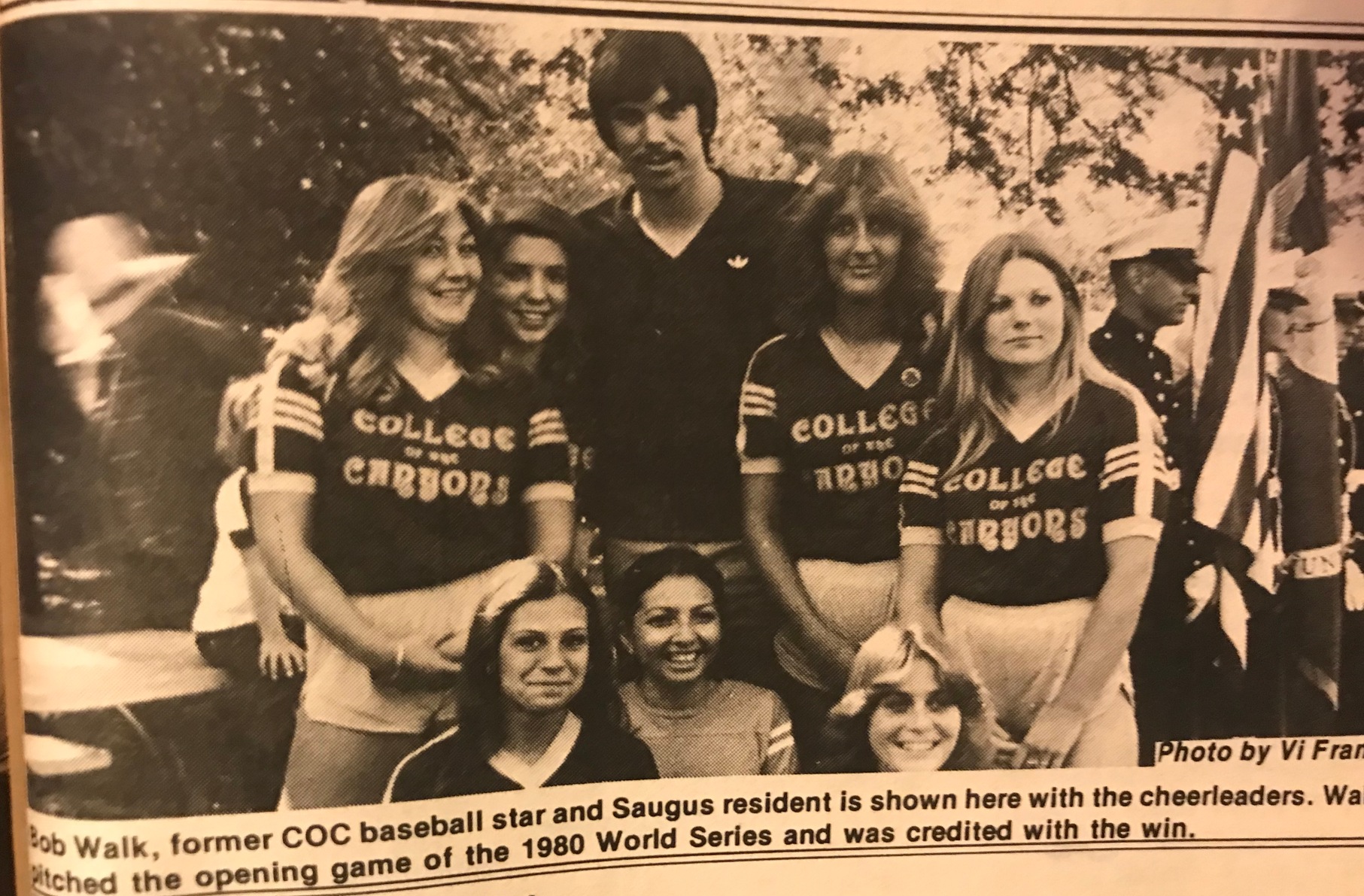 Former COC baseball pitcher Bob Walk appears with a contingent of COC cheerleaders during a 1980 victory parade celebrating Walk's role in the Philadelphia Phillies 1980 World Series championship.