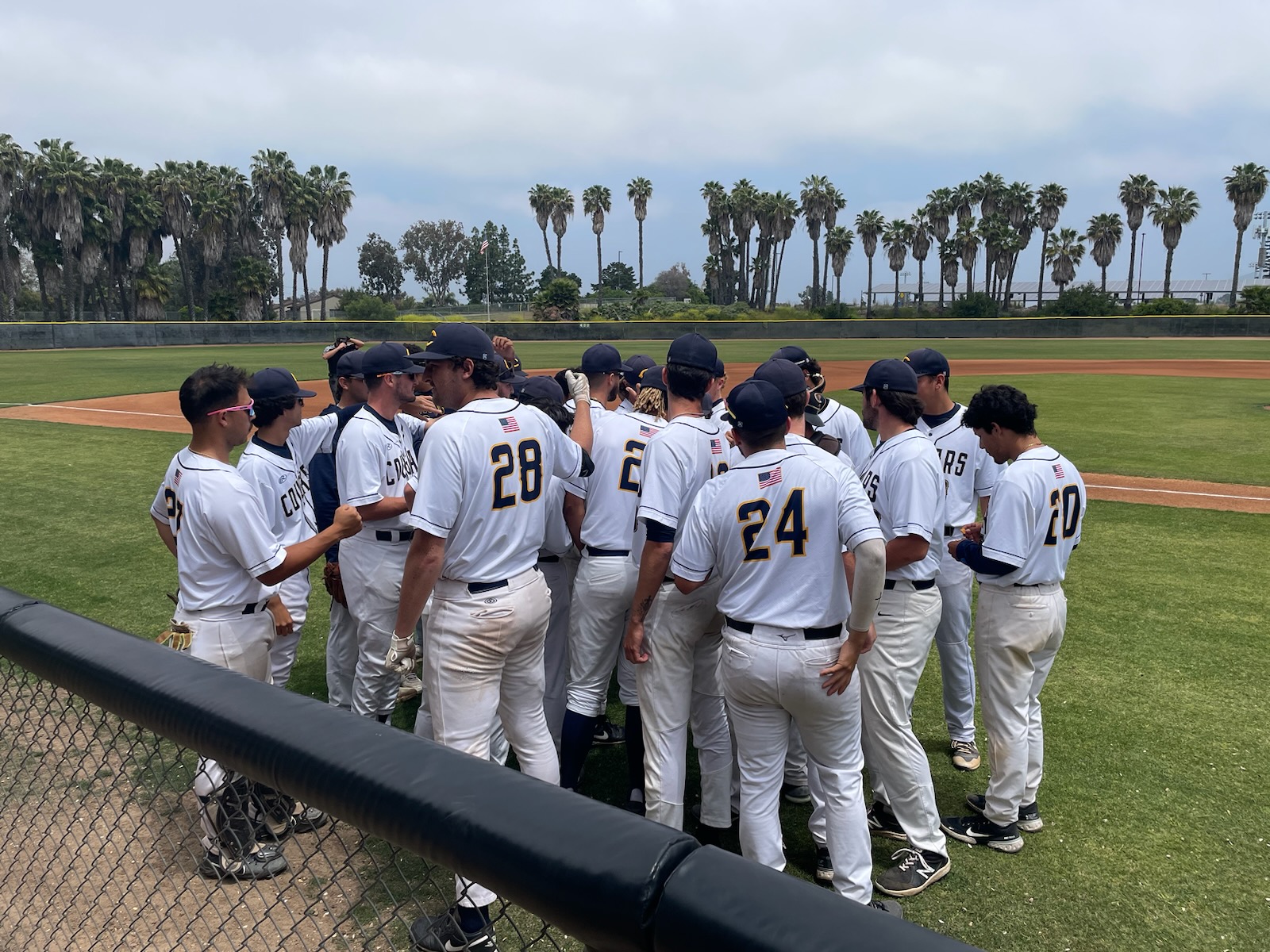 College of the Canyons baseball group phot of team huddled up prior to CCCAA SoCal Super Regional Game vs. Grossmont on May 13, 2023.