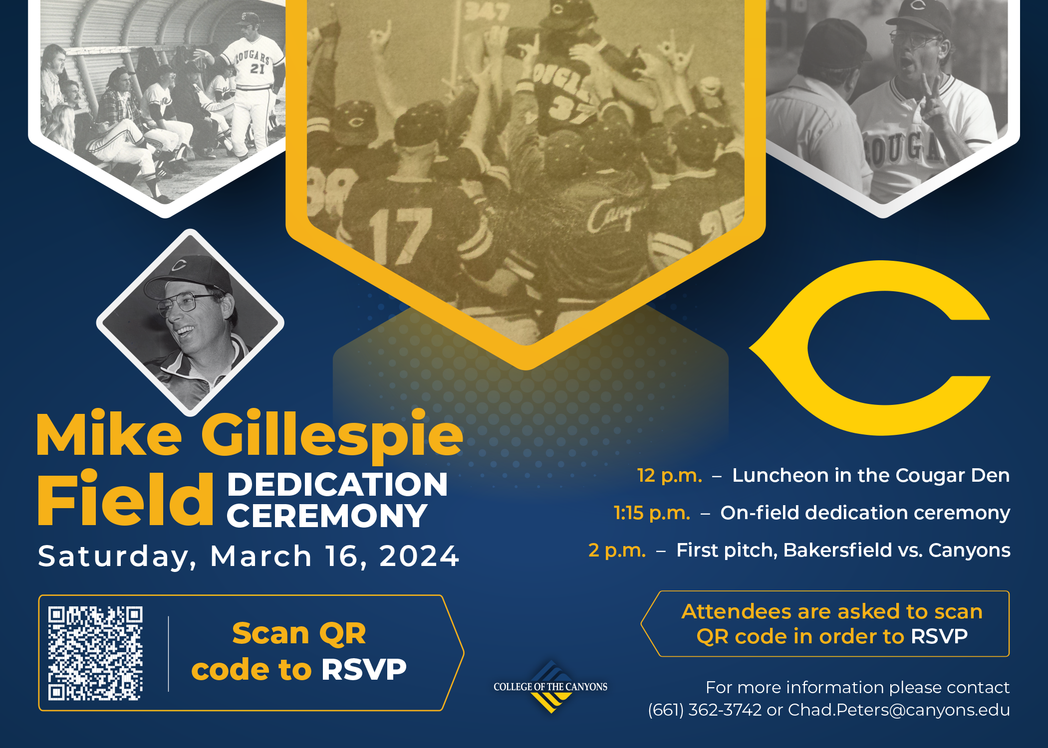 Promotional graphic for Mike Gillespie Field dedication ceremony on Saturday, March 16 featuring historical images of Coach Gillespie and COC logos against a blue background with gold and yellow text detailing event start time and information about how attendees should RSVP.
