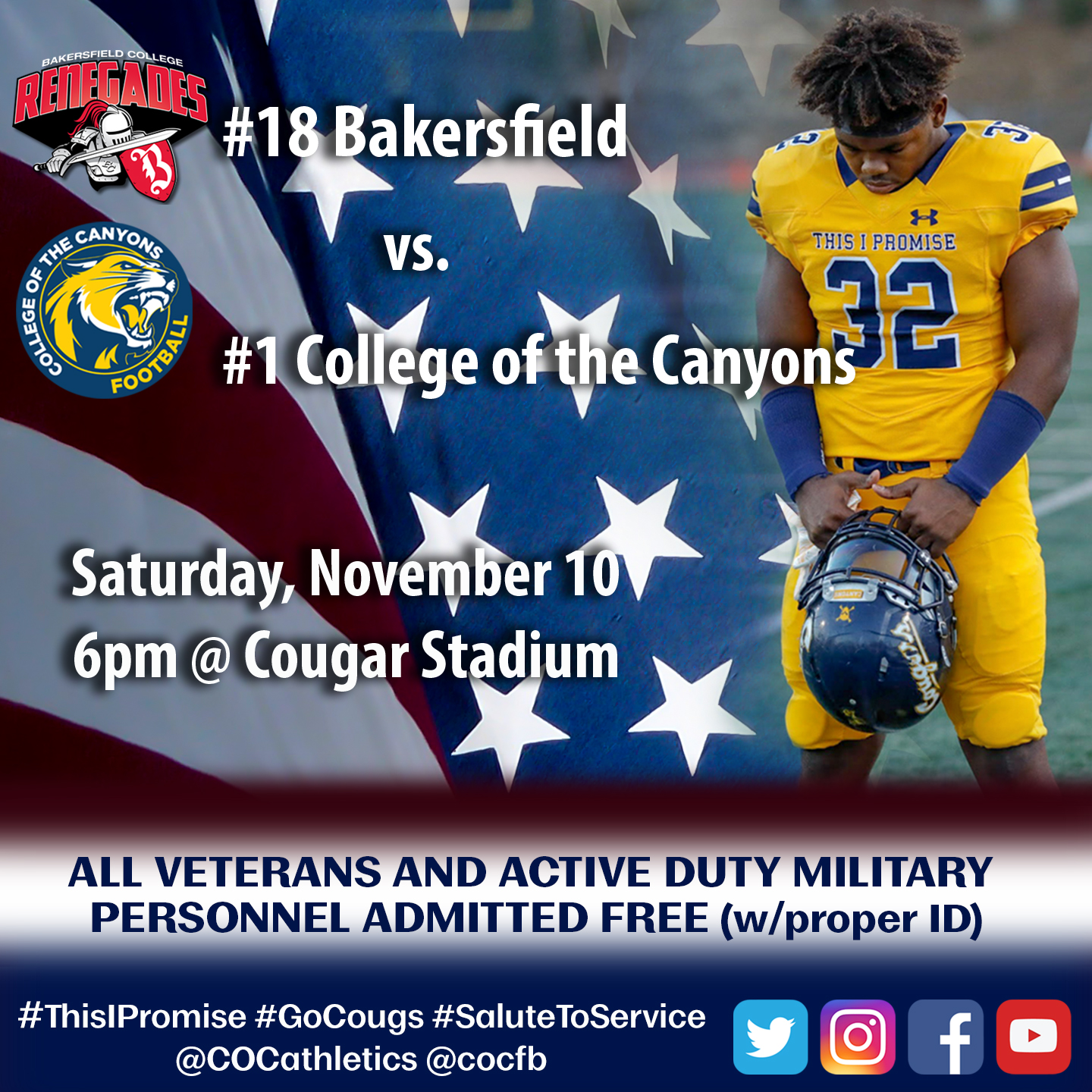 All veterans and active duty military personnel are invited to attend Saturday's COC football game vs. Bakersfield College free of charge.