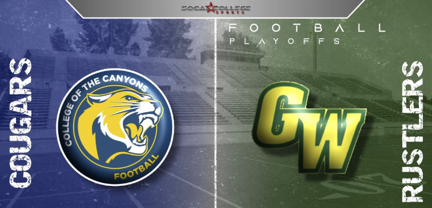 College of the Canyons football vs. Golden West College promotional info graphic.