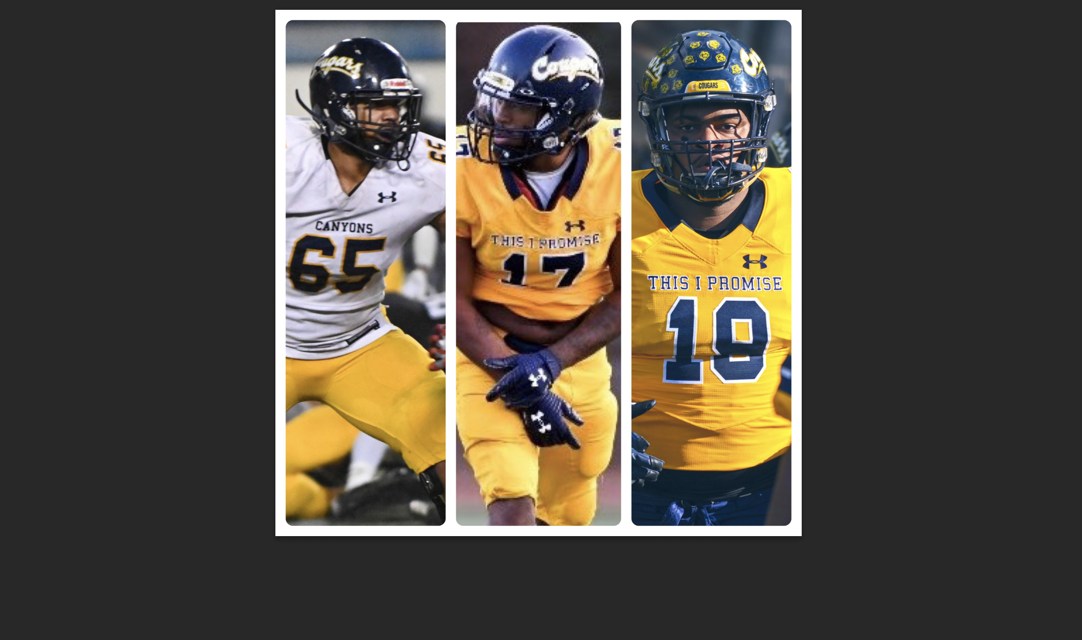 College of the Canyons has 11 players, representing 12 spots, named to the 2021 Southern California Football Association (SCFA) National Division, All-Northern League Team. (from left to right) Included in the list were unanimous selections Justice Spates, Tiquan Gilmore and Taylor Lewis. ?Dylan Stewart/1550 Sports