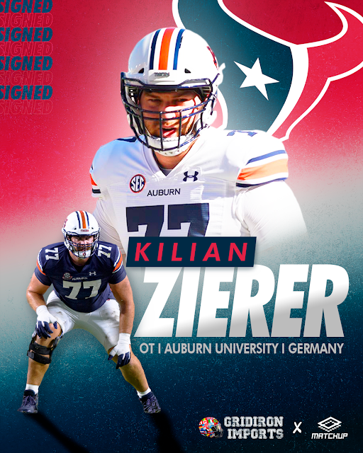 Promotional graphic featuring former College of the Canyons football player Kilian Zierer in Auburn University uniform with Houston Texans logo in background.