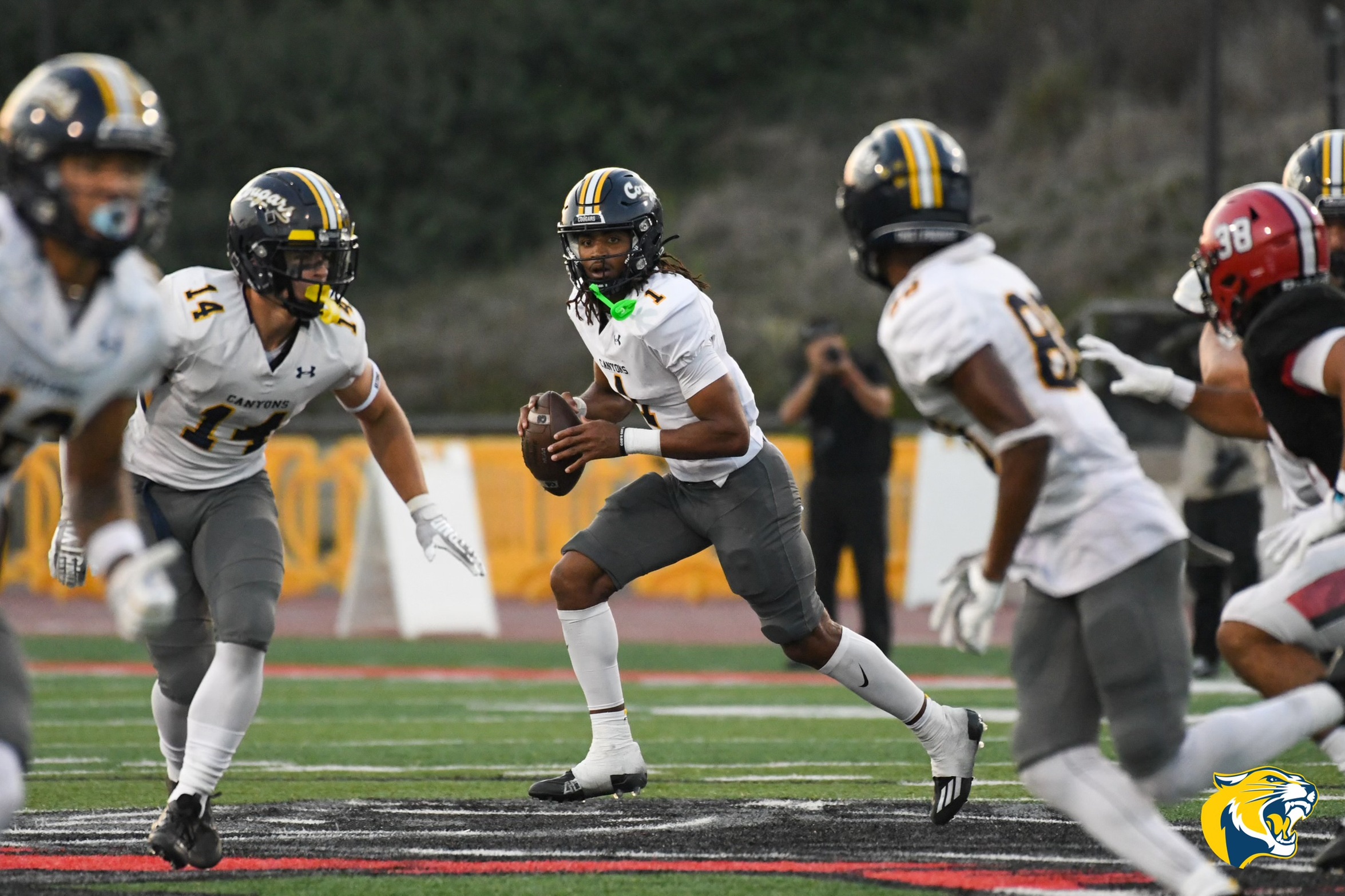 Stock action image of College of the Canyons quarterback Emory Floyd from the team's game vs. Santa Barbara City College on Sept. 23, 2023.