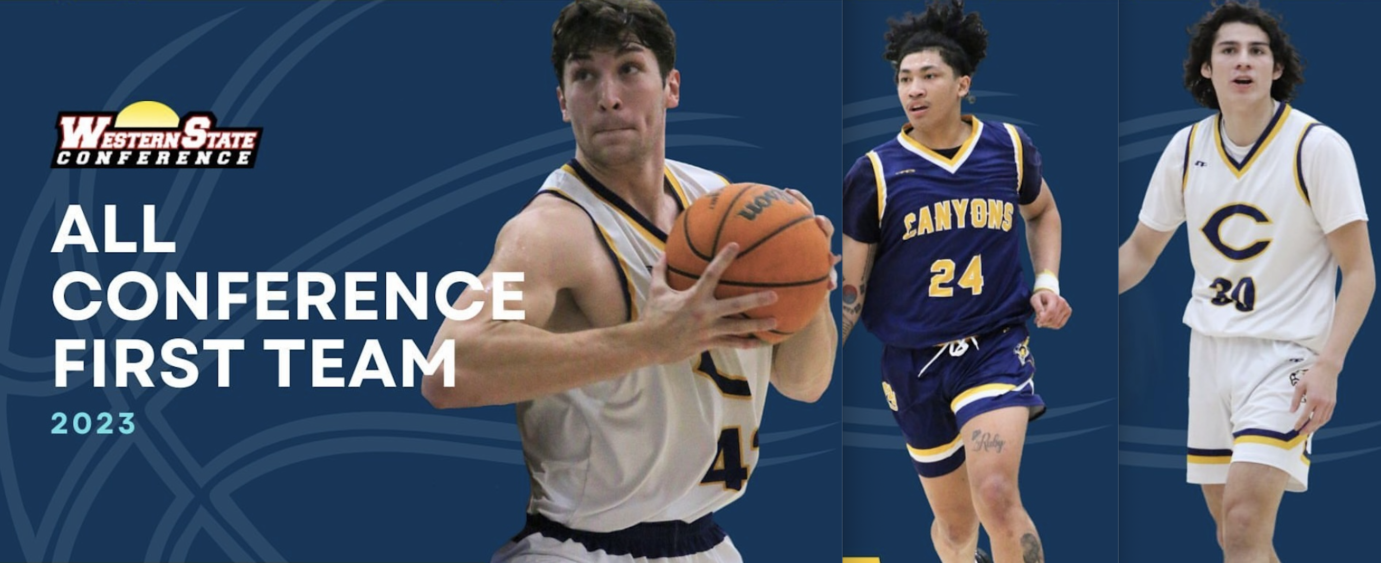 College of the Canyons men's basketball photo collage featuring Jonah El-Farra, Andrew Henderson and Dillon Barrientos.