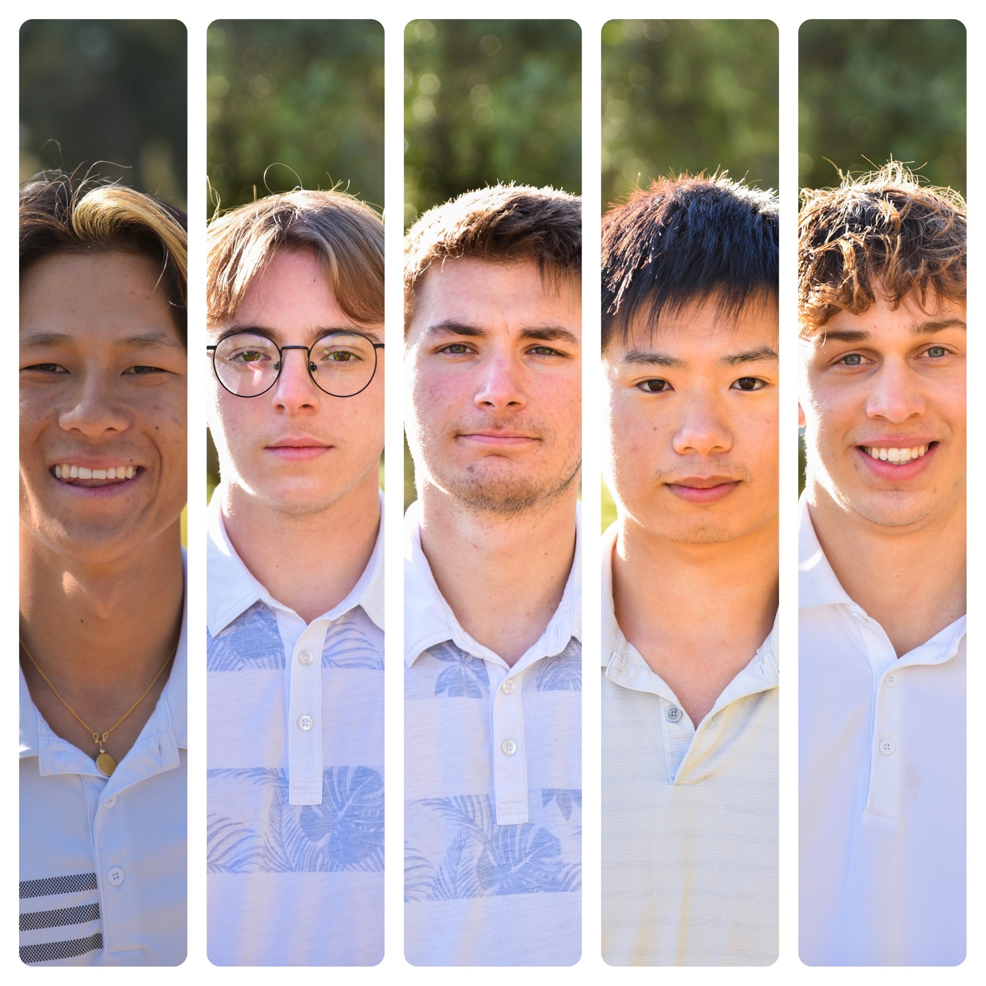 Collage of College of the Canyons men's golf student-athletes Leo Cheng, Xander Artois, Kieran Bye, Liangan Wang and Bing Adam.