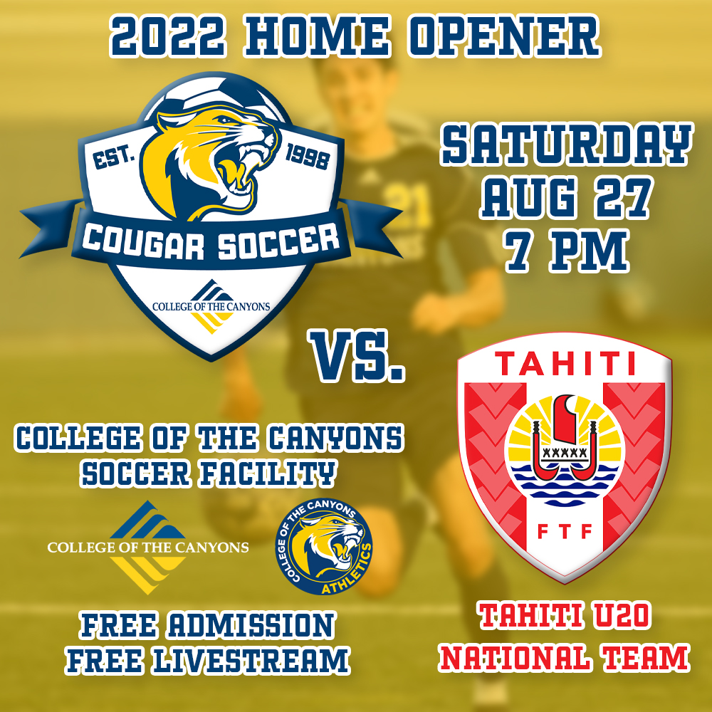 College of the Canyons men's soccer vs. Tahitian U20 National Team information graphic.
