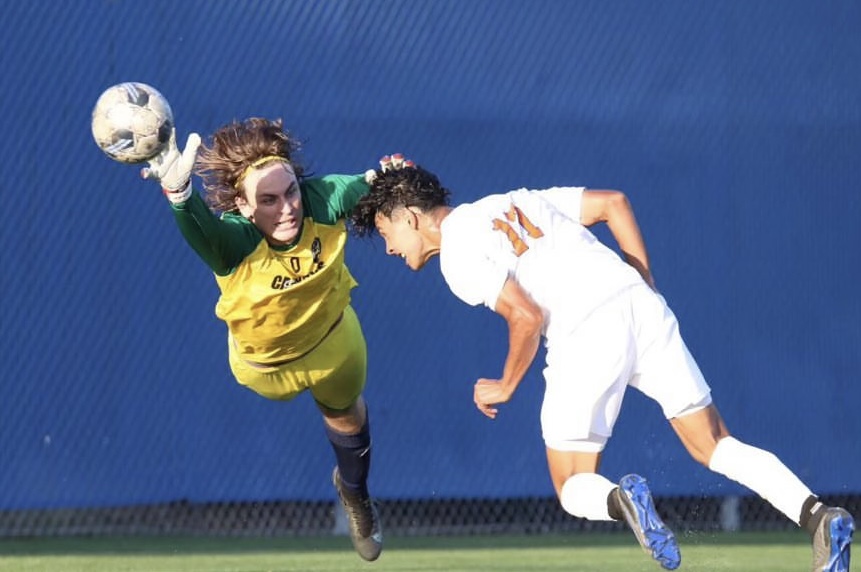 Action image of College of the Canyons goaltender Chase Moynihahn vs. College of the Sequoias on Sept. 5, 2023.