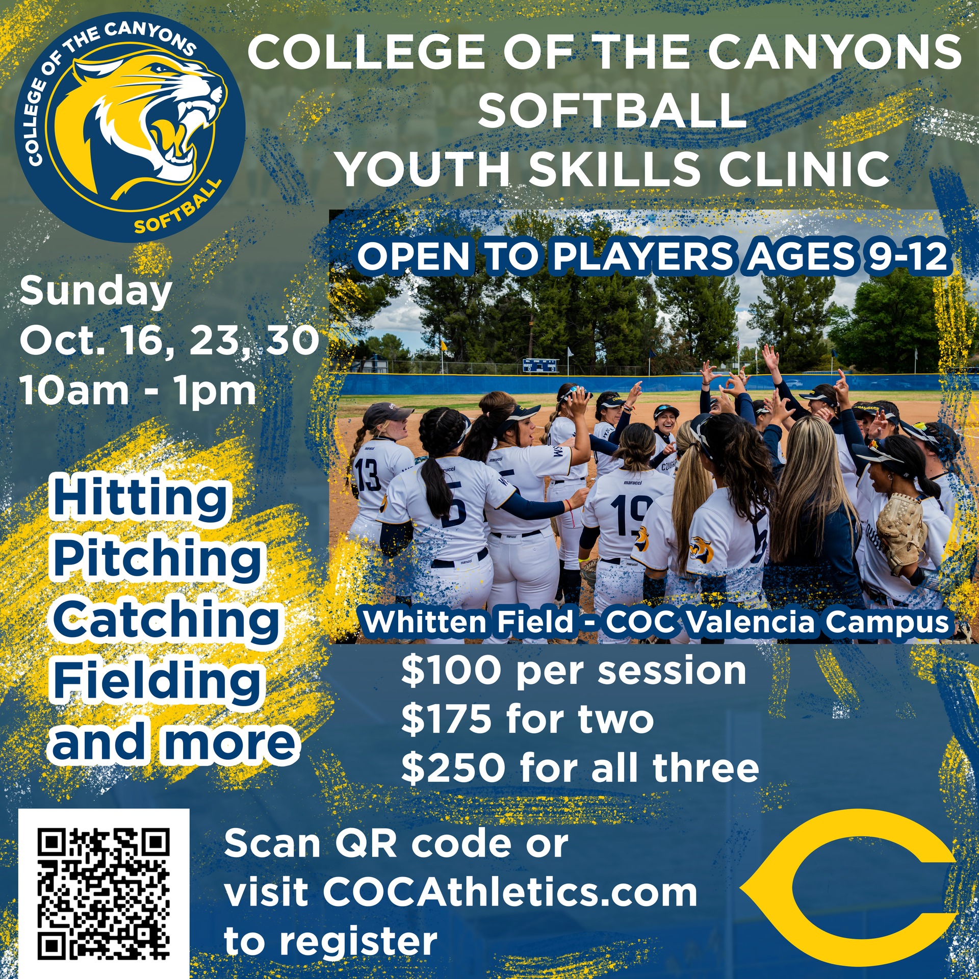 College of the Canyons softball youth clinic information graphic.