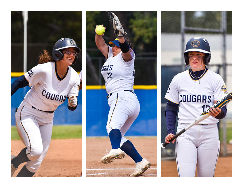 College of the Canyons softball photo collage featuring action shots of softball student-athletes Julia Fuentes, Allyson Melgar and Ashlynn Heck.