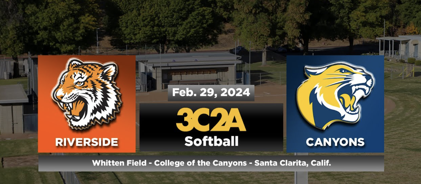 Promotional graphic featuring the athletic logos for Riverside City College and College of the Canyons placed over a picture of the COC softball field ahead of the scheduled softball game on Thursday, Feb. 29, 2024.