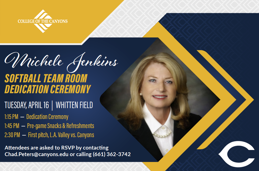 Invitation for Michele Jenkins Softball Team Room Dedication Ceremony event on Tuesday, April 16 featuring portrait of Michele Jenkins, and text outlining the day's schedule of events.