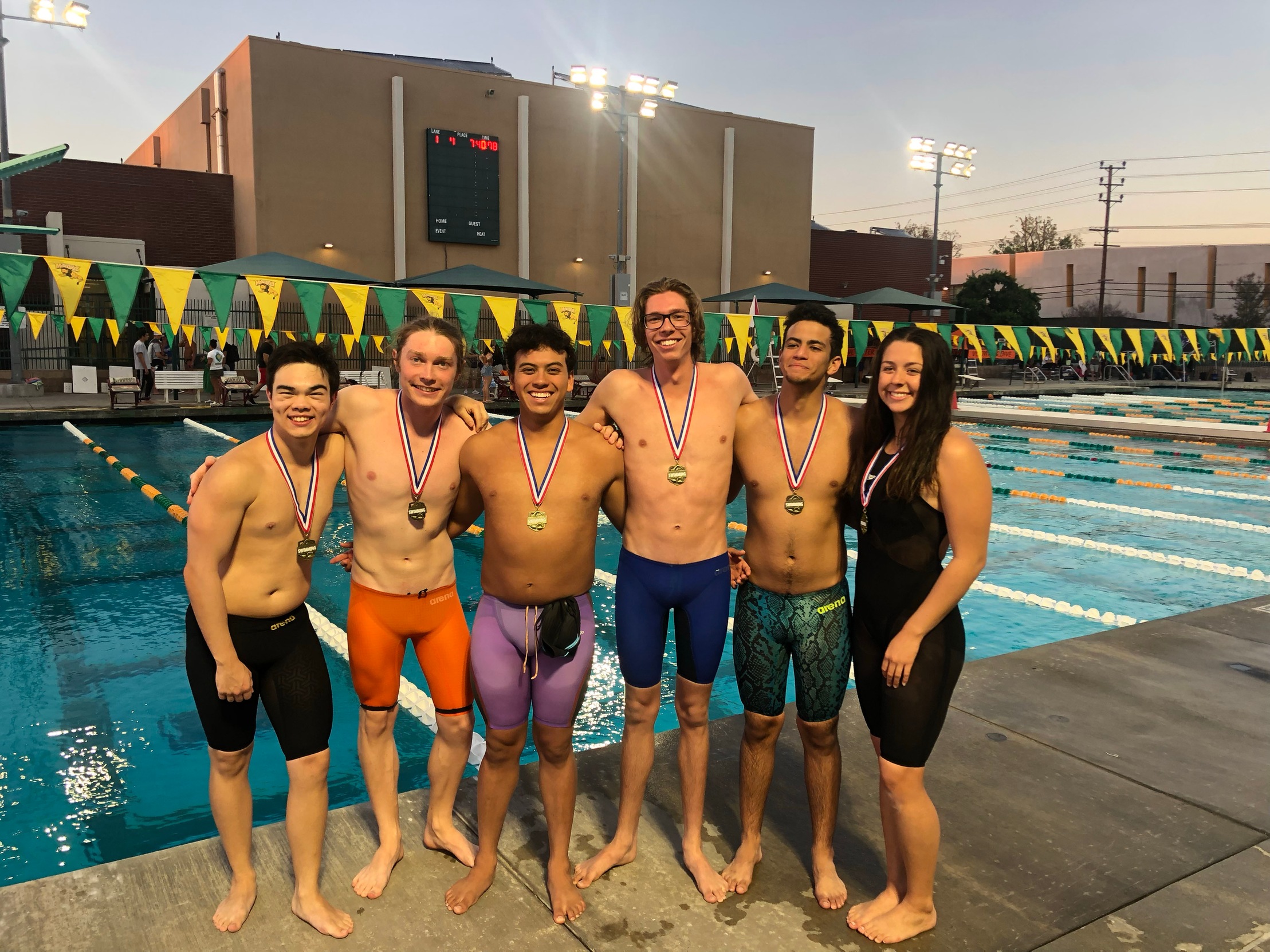 College of the Canyons swim & dive stock group photo of student-athletes Keanu Pence, Martin Wise, Christian Cruz, Bence Endresz and Alyssa Hamilton.