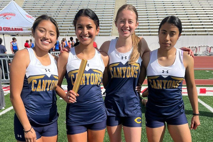 Stock image of he College of the Canyons women's 4x400m relay team Emily Cruz, Milca Osorio, Trinity Winslow and Samantha Rodriguez.
