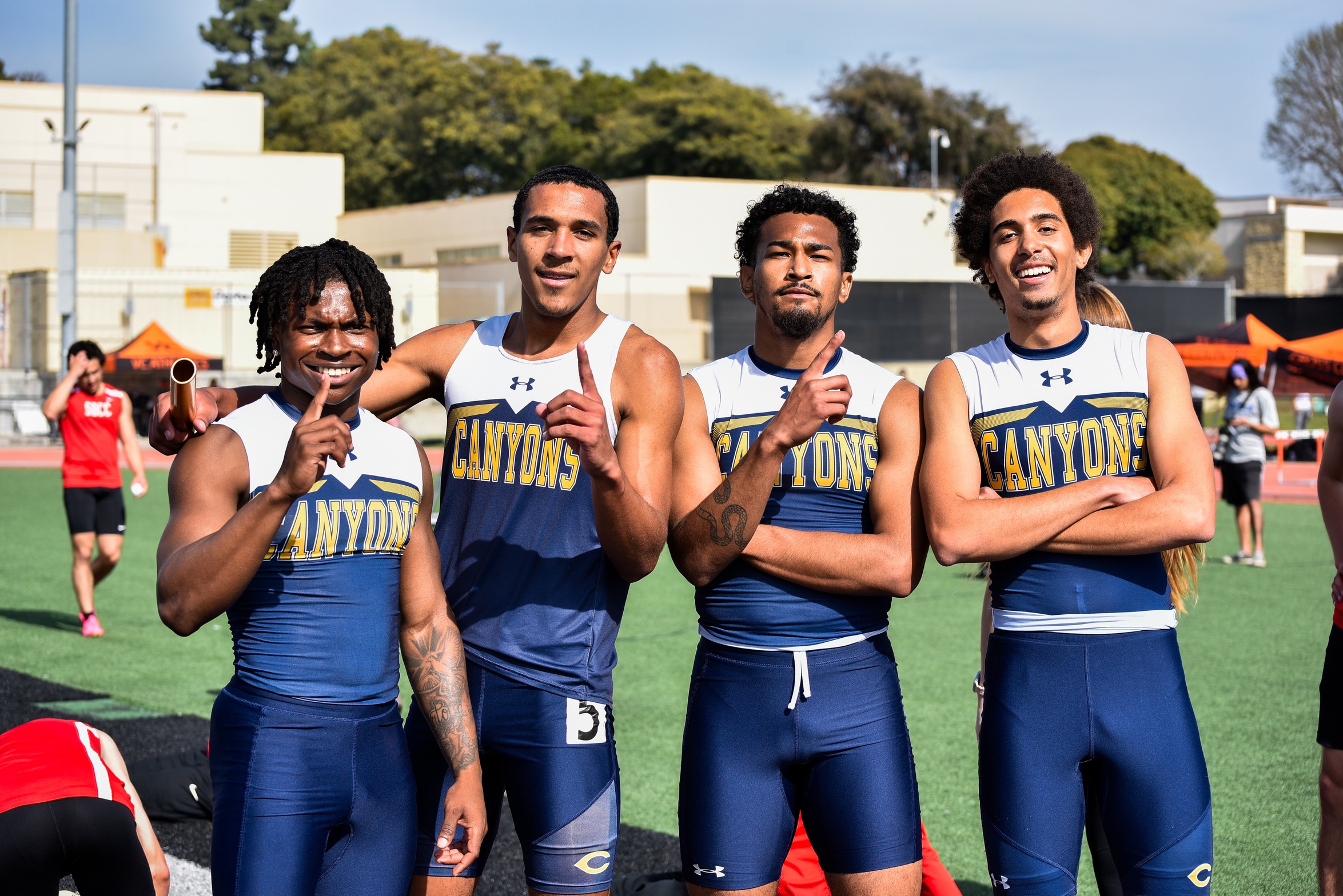 Group photo of College of the Canyons track & field 800m sprint relay team sfeaturing student-athletes Da'Marrie Smith, Jerome Hughes, Andre Bray and Heath Arceneaux on Feb. 16, 2024.
