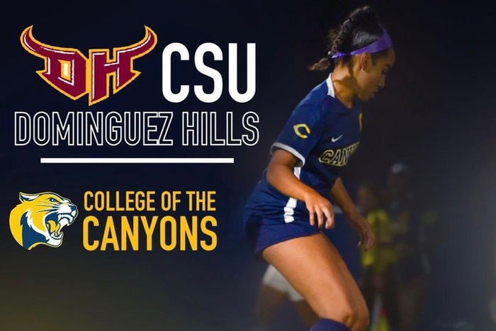 Promotional logo graphic featuring College of the Canyons women's soccer player Lauryn Bailey and the athletic logos for COC and CSU, Dominguez hills.