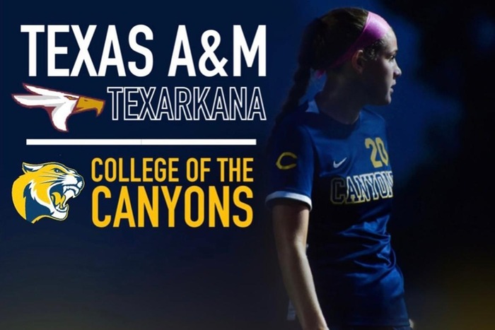 Promotional information graphic featuring College of the Canyons student-ahlete Sascha Marcellin and the Texas A&M Texarkana athletic logo.