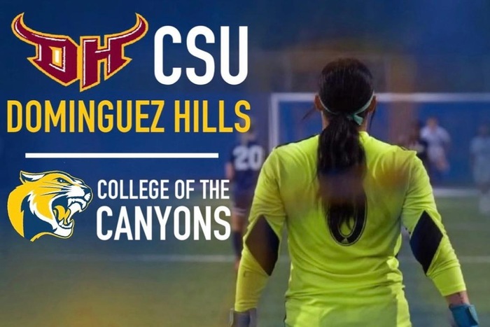 Informational graphic featuring the logos of CSU, Dominguez Hills and College of the Canyons alongside an action shot of Canyons student athlete Kylie Yuzon.