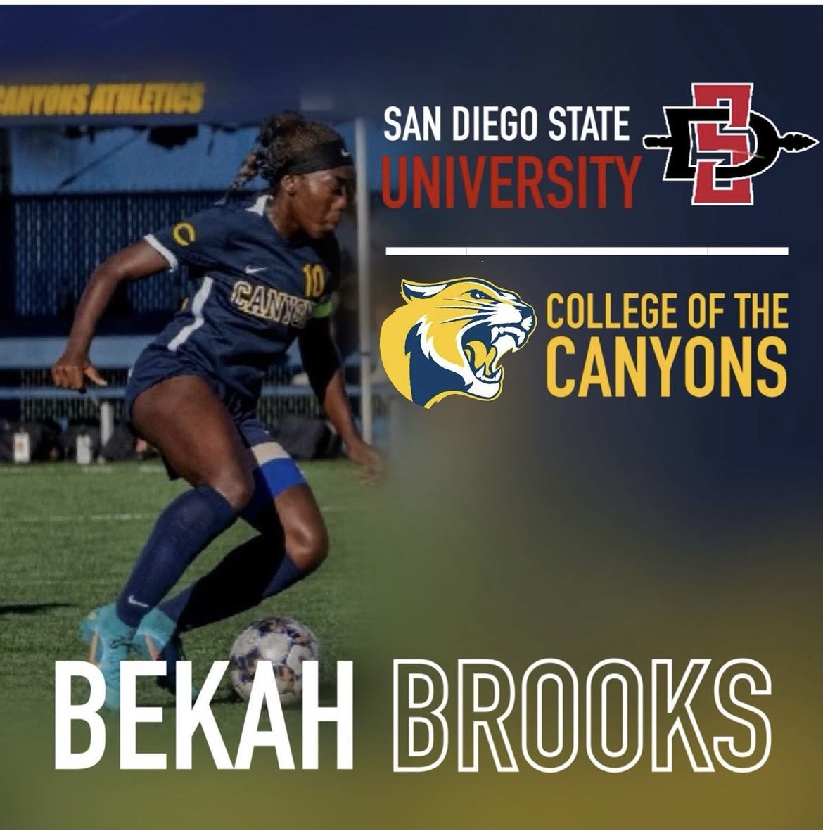 Promotional graphic featuring COC student-athlete Bekah Brooks and the athletic logos for San Diego State University and College of the Canyons.