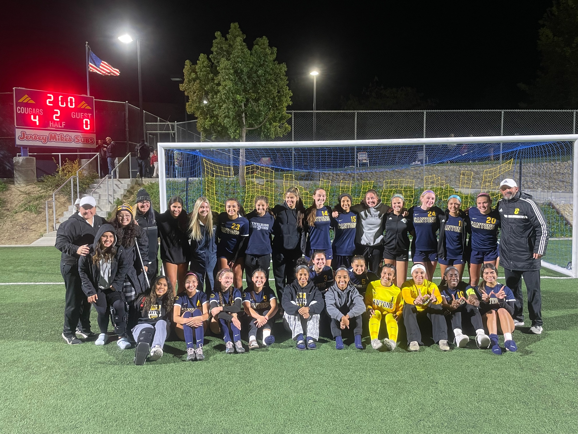 College of the Canyons women's soccer team following 4-0 postseason victory over Mt. San Jacinto College on Wednesday, Nov. 16, 2022.