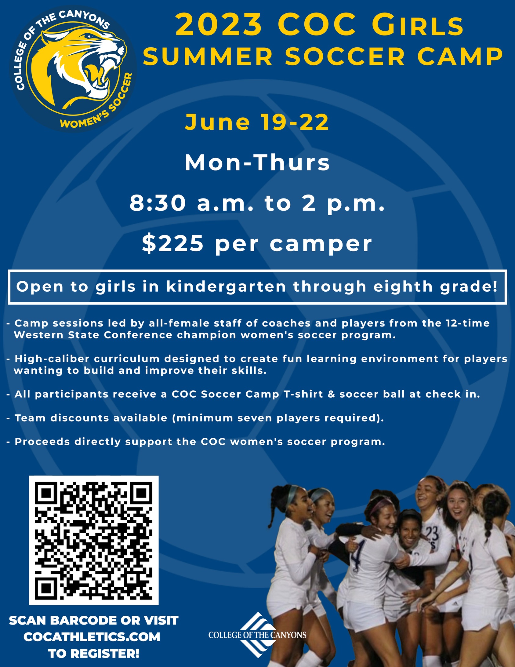 College of the Canyons 2023 summer soccer camp promotional flier.
