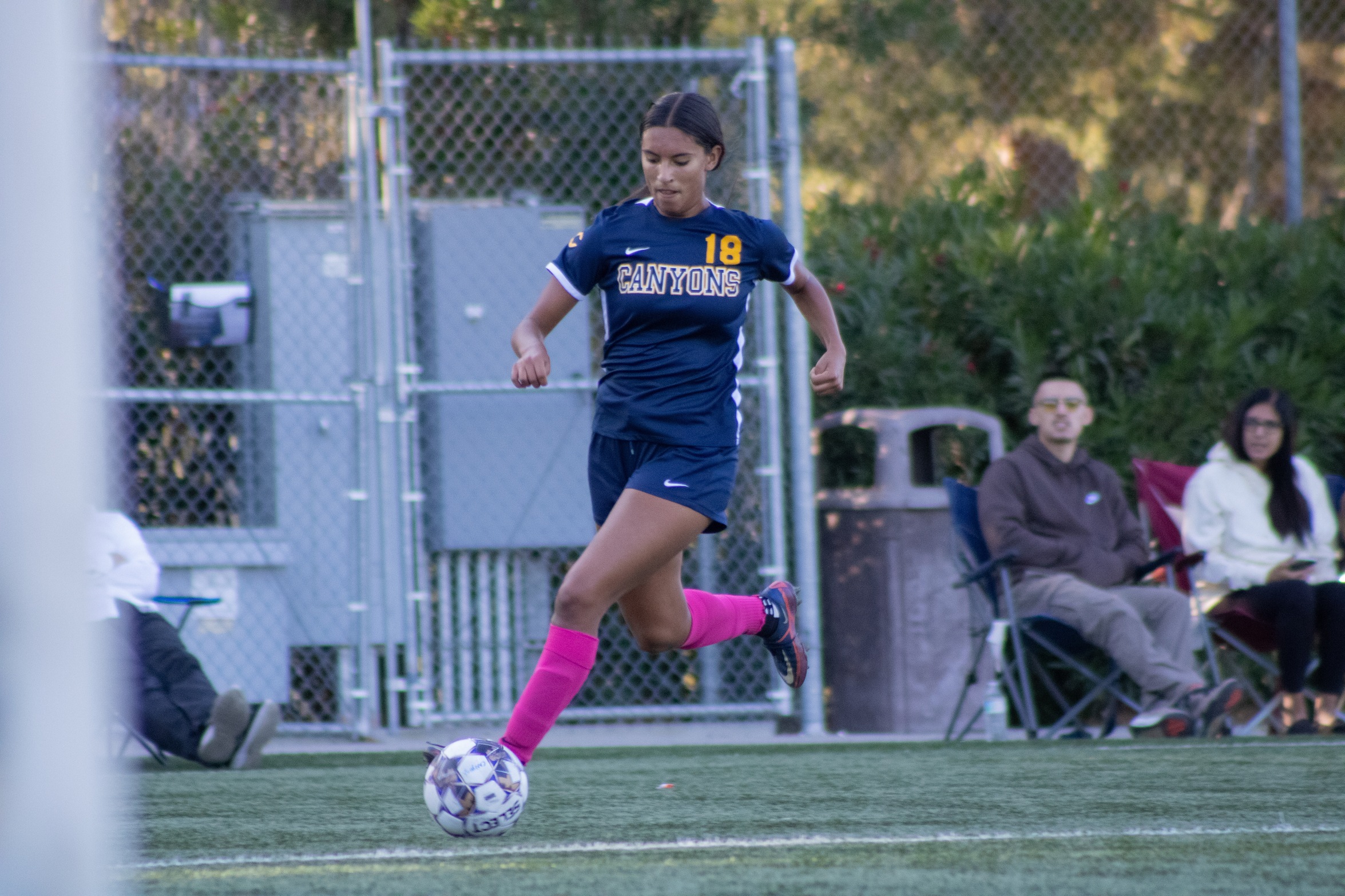 Stock action image of College of the Canyons women's soccer player Felicia Marquez.