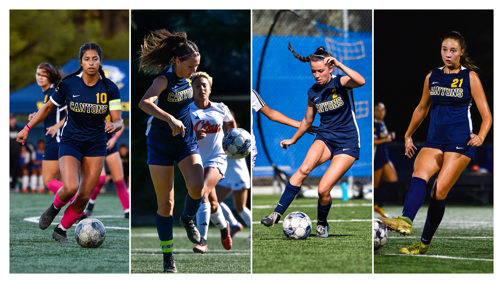 College of the Canyons women's soccer photo collage featuring players Natalia Zuluaga Ramirez, Alyssa Edards, Jessie Bonsness and Laurel Durkin.
