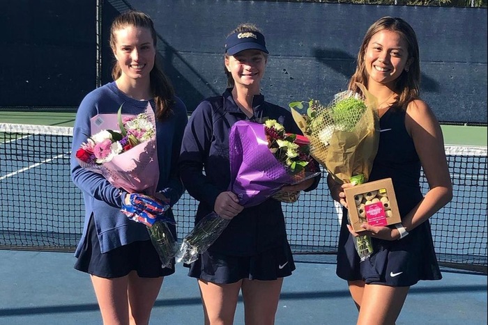 College of the Canyons women's tennis student-athletes Lexi Paunovic, Jennifer Russell and Ashley Villarta.