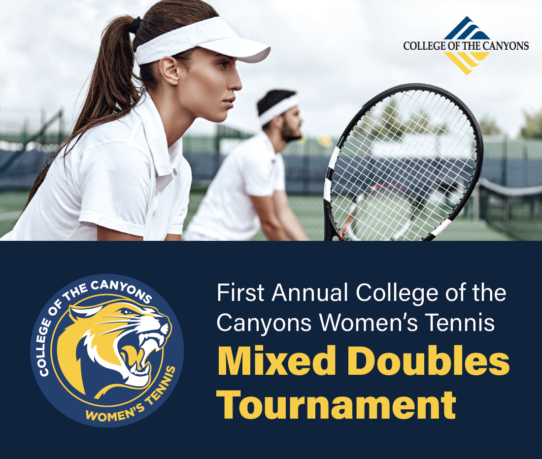 A promotional graphic for the College of the Canyons women's tennis Mixed Doubles Tournament on Nov. 11, 2023.