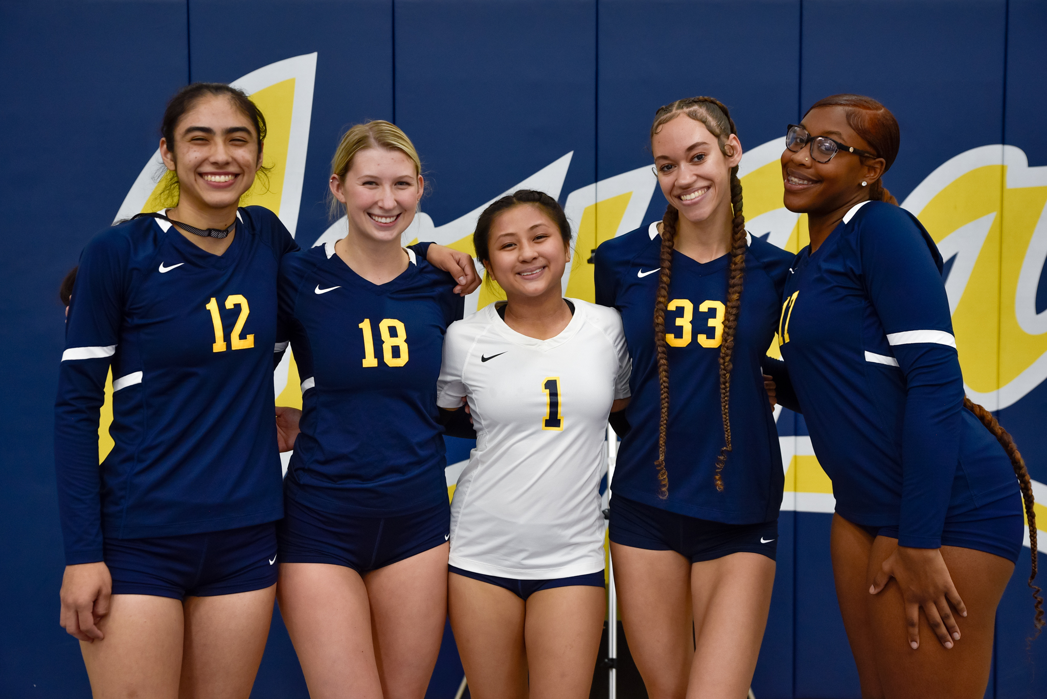 Group picture of College of the Canyons women's volleyball players Priscilla Miranda, Kira Hooper, Madison Gomez, Kyla Dotard and Lamia Benjamin.