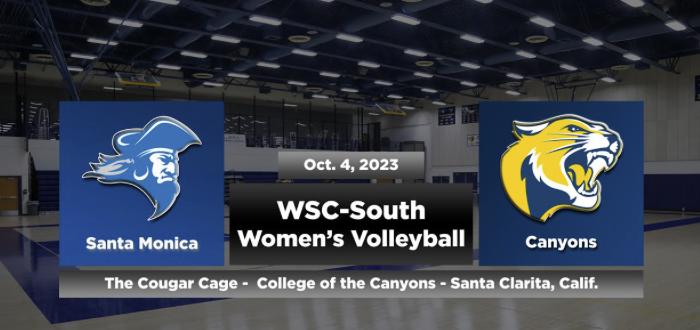 Promotional graphic featuring the athletic logos for Santa Monica College and College of the Canyons in ahead of their upcoming match on Wednesday, Oct. 4.
