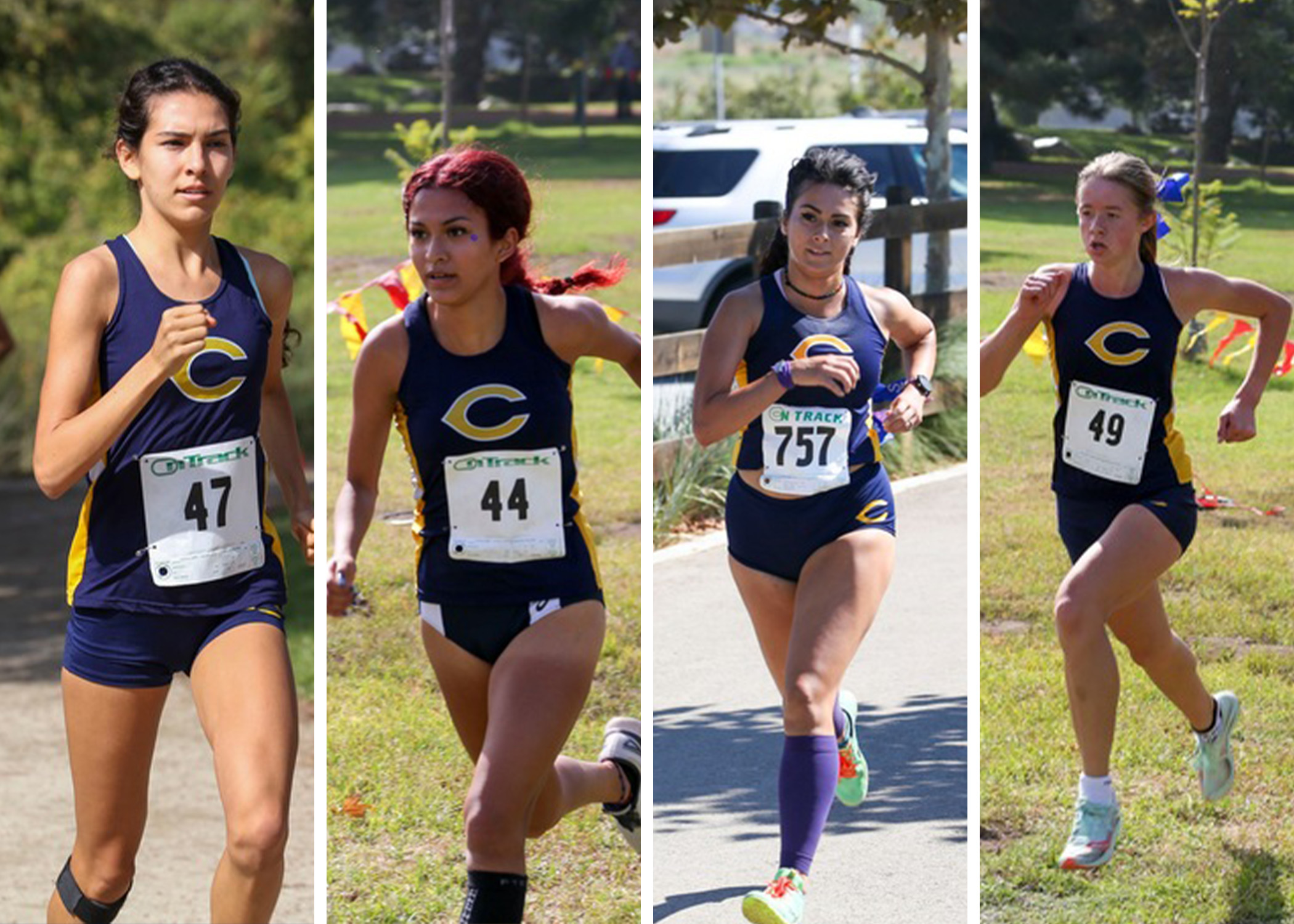 (from left to right CCCAA Women's Cross Country Individual State Champion Danielle Salcedo was named the Western State Conference (WSC) Female Runner of the Year to headline a class of six Cougars earning all-conference honors. COC freshman Milca Osorio, sophomore Sarah Zamudio and freshman Trinity Winslow were also included among the honorees. — Jesse Muñoz/COC Sports Information