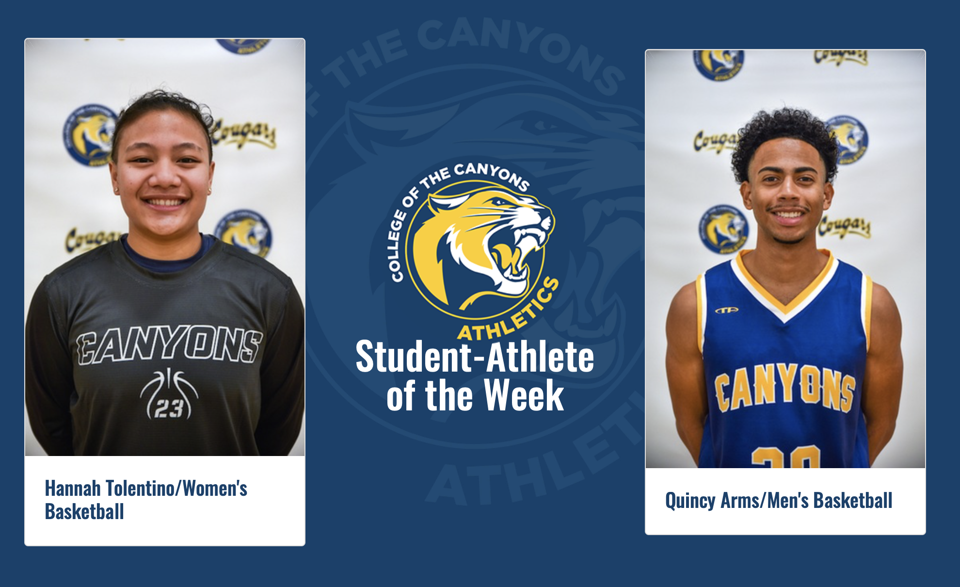 College of the Canyons Athlete of the Week graphic featuring Hannah Tolentino and Quincy Arms.