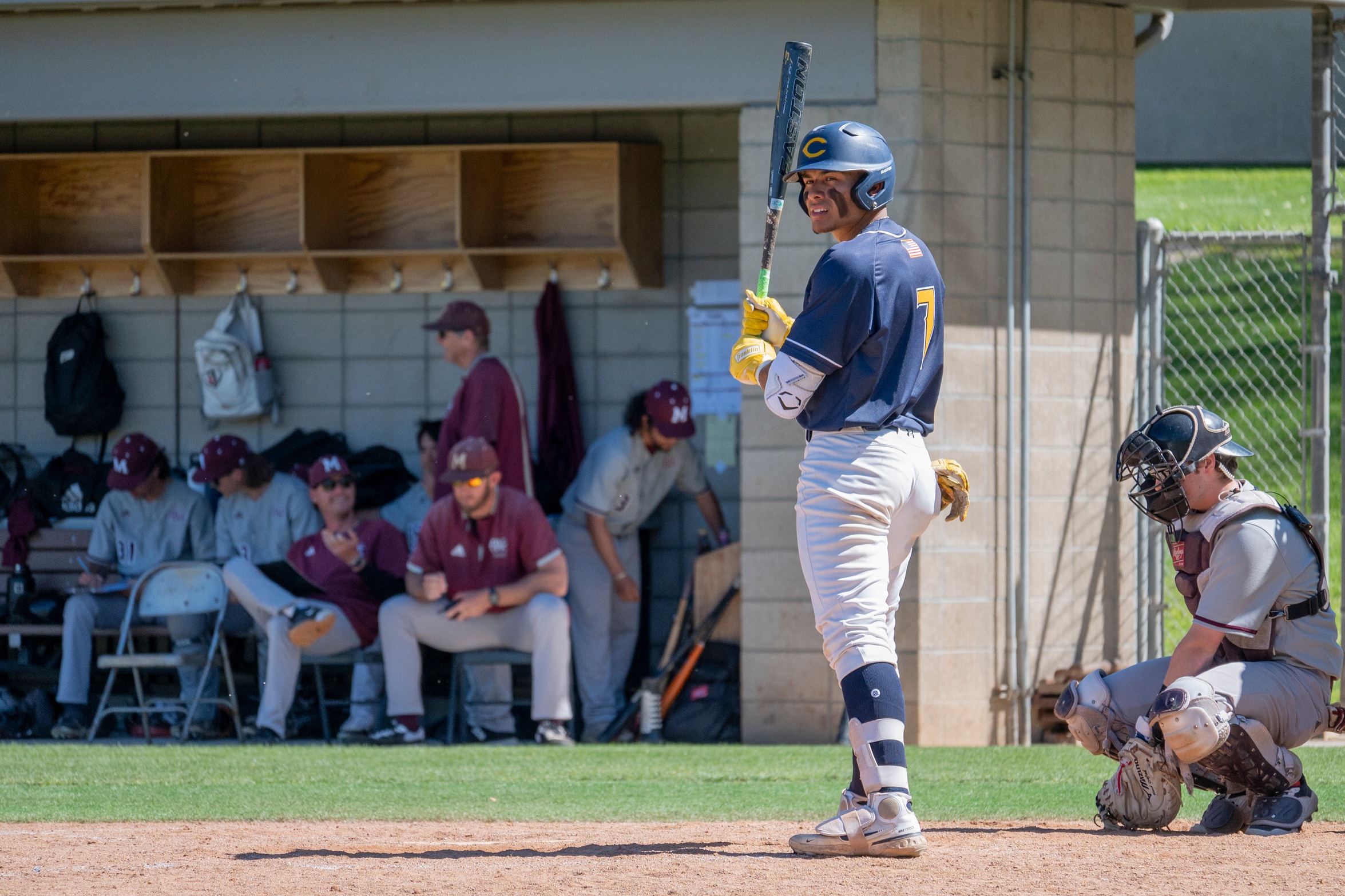College of the Canyons baseball player Angelo Aleman standing at home plate with a baseball bat.