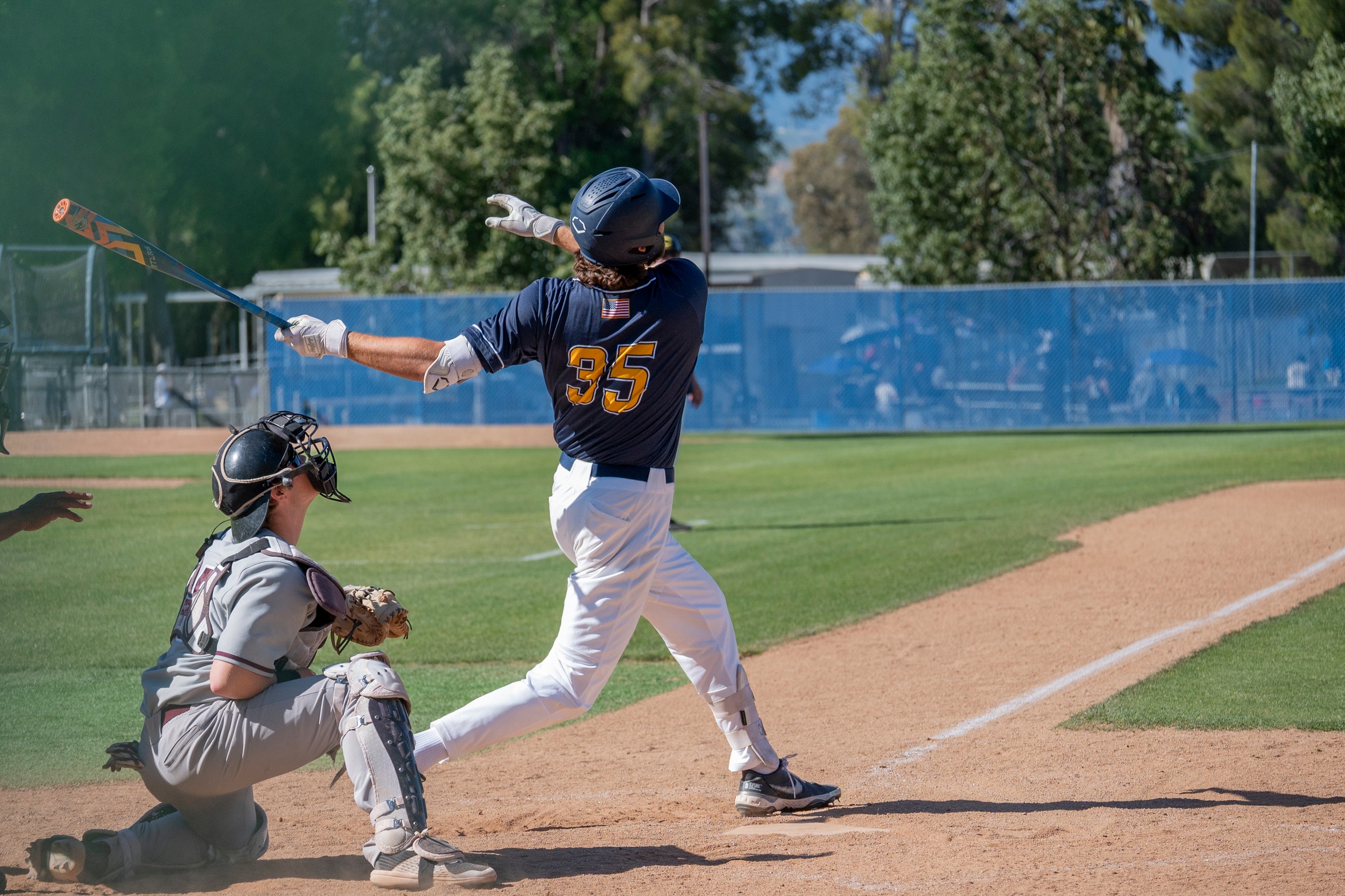 College of the Canyons baseball player Jayden Steinhurst hitting a baseball during game on April 9, 2024.