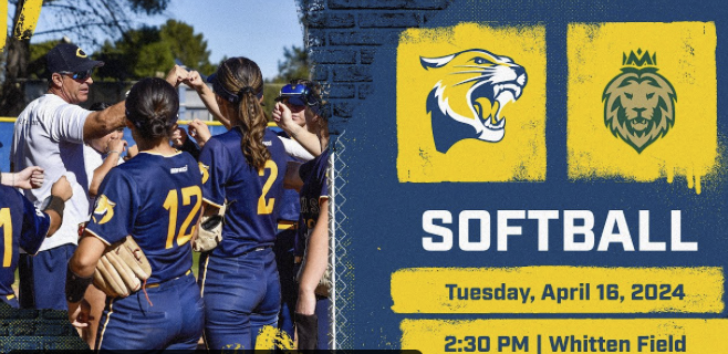Promotional graphic featuring an action photo alongside the athletic logos for L.A. Valley College and College of the Canyons placed over a blue backdrop with yellow accents, ahead of the scheduled softball game on Tuesday, April 16, 2024.