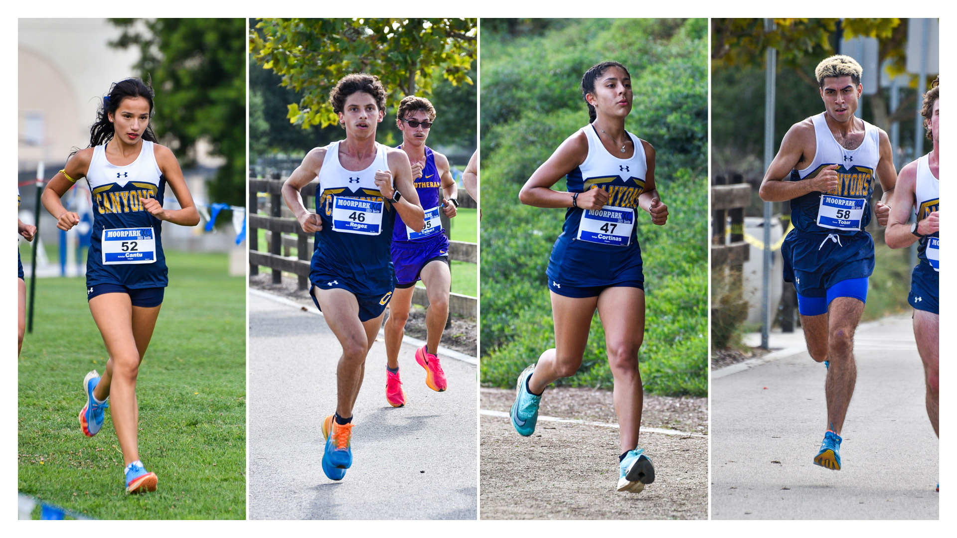 Photo collage of cross country student-athletes Katelyn Catu, Sam Regez, Kaiya Cortina's and Cesar Tobar in action.